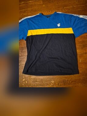 Rocawear Blue and Yellow Colorblock Men's V-Neck Shirt Mens Sz 5XL